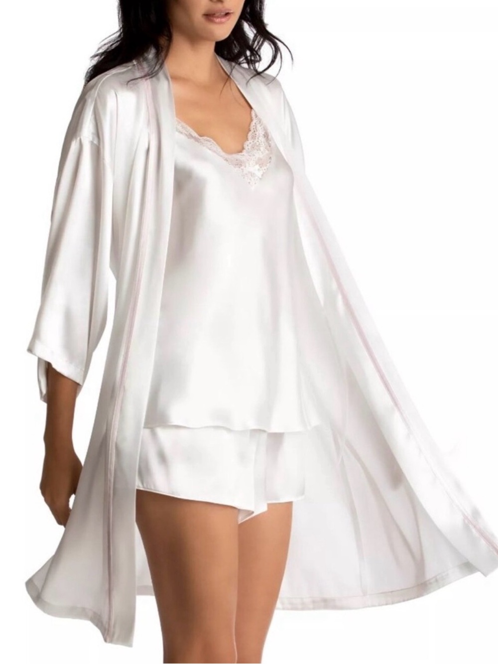 Linea Donatella Bridal Silk White Lace PinkTrim 3-Piece Sleep Set